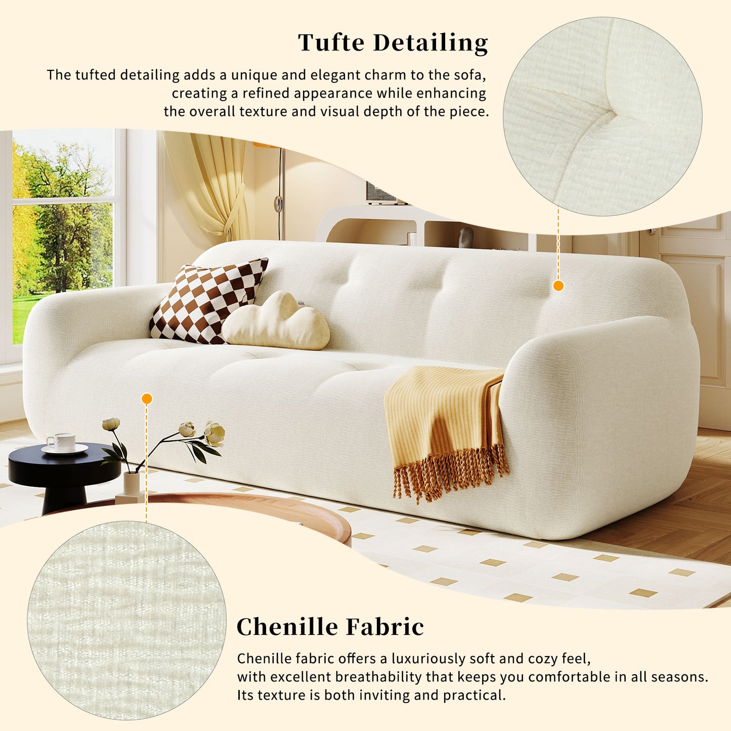 85.8' Wide Chenille Fabric 3-Seater Sofa with Tufted Style, Full