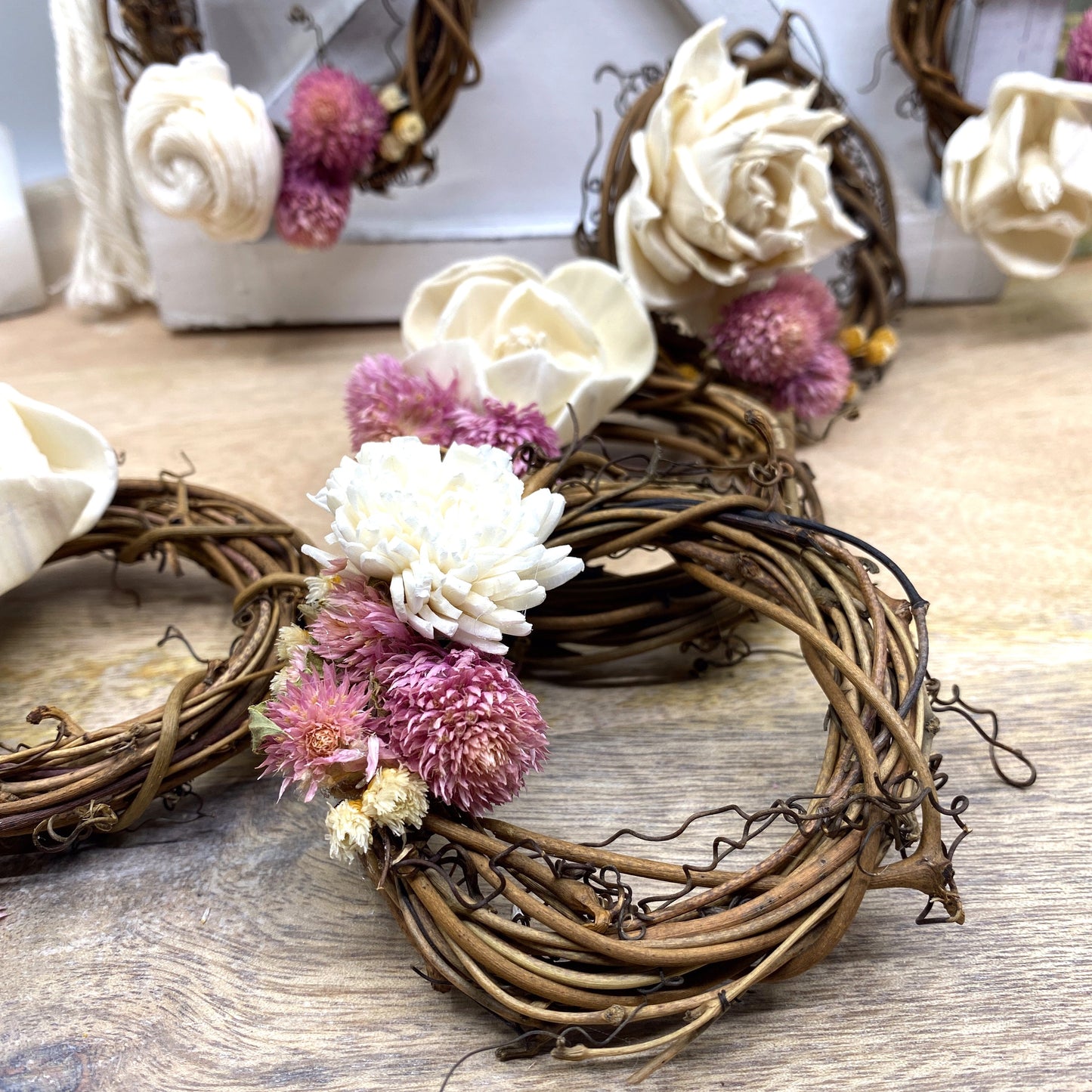 Mini Grapevine Wreath Ornaments with Dried Flowers, 3”