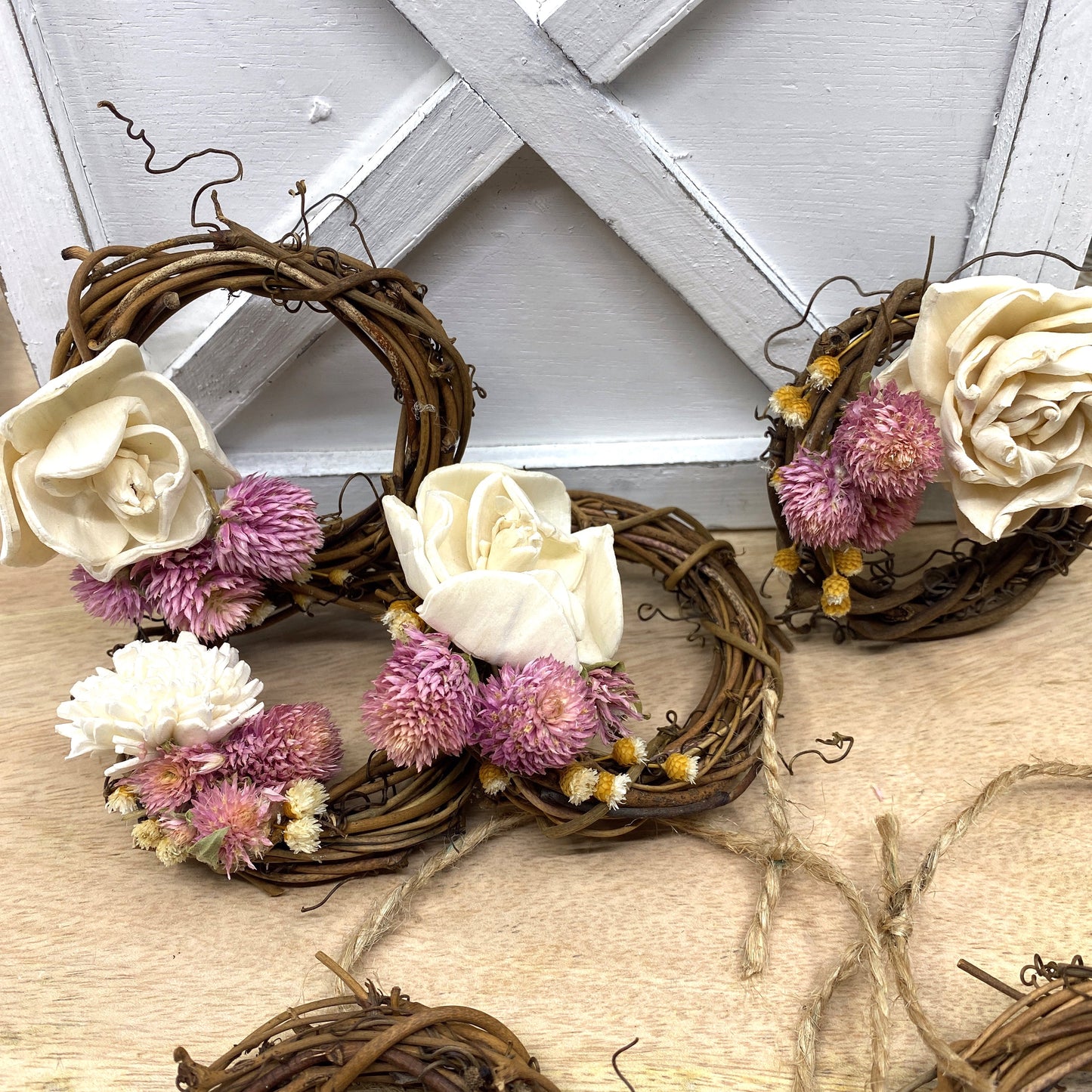 Mini Grapevine Wreath Ornaments with Dried Flowers, 3”
