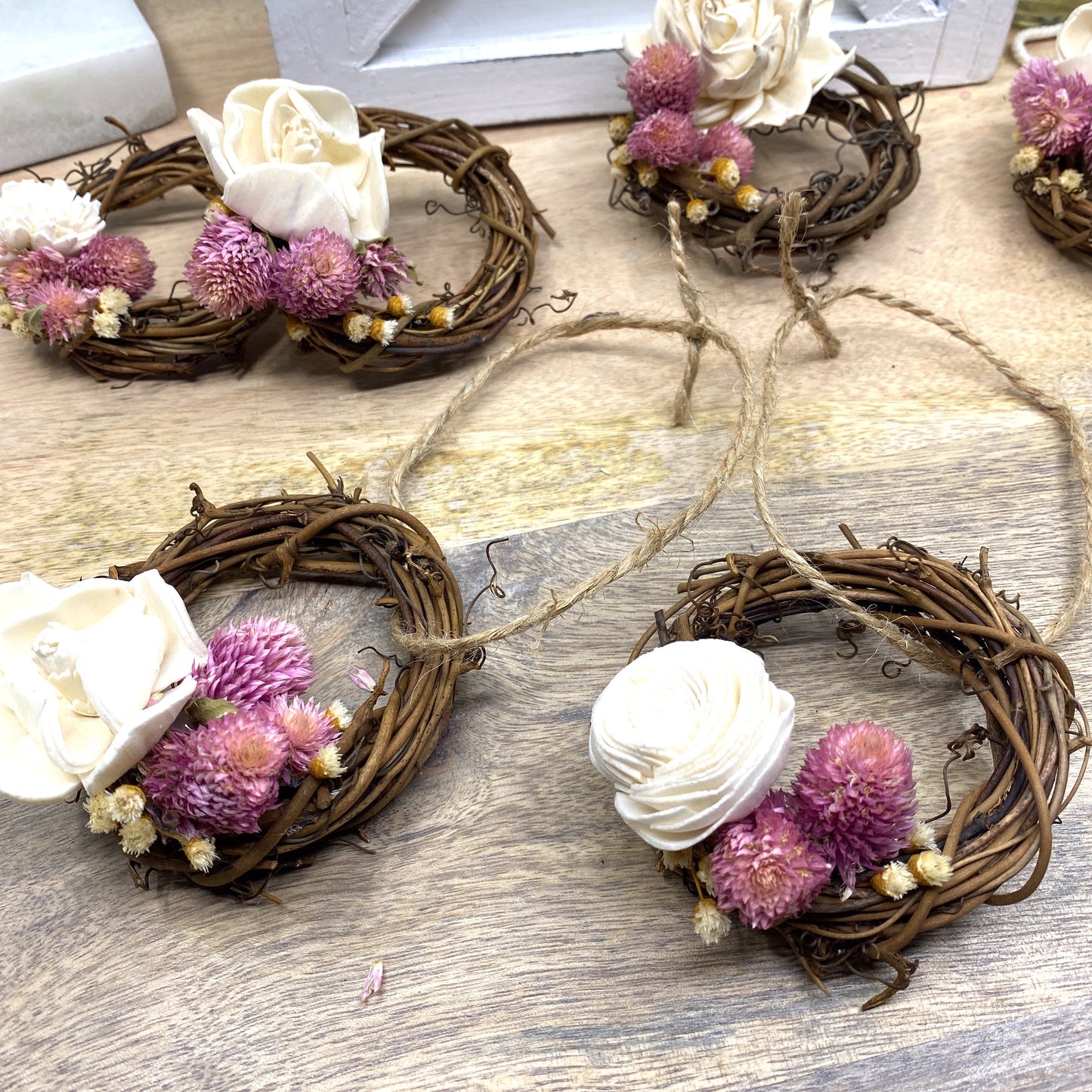 Mini Grapevine Wreath Ornaments with Dried Flowers, 3”