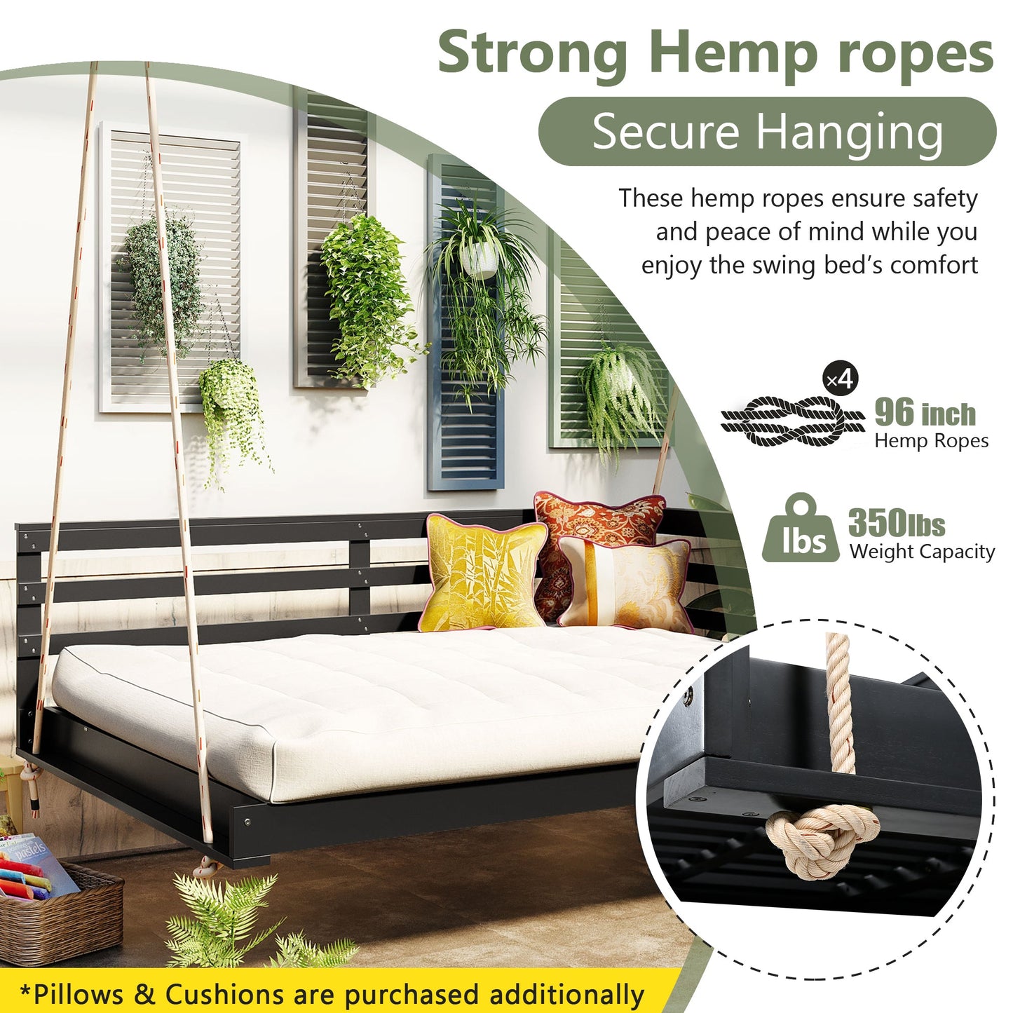 Acacia Wood Porch Swing Bed for Outdoor with Hemp Ropes - Full Size