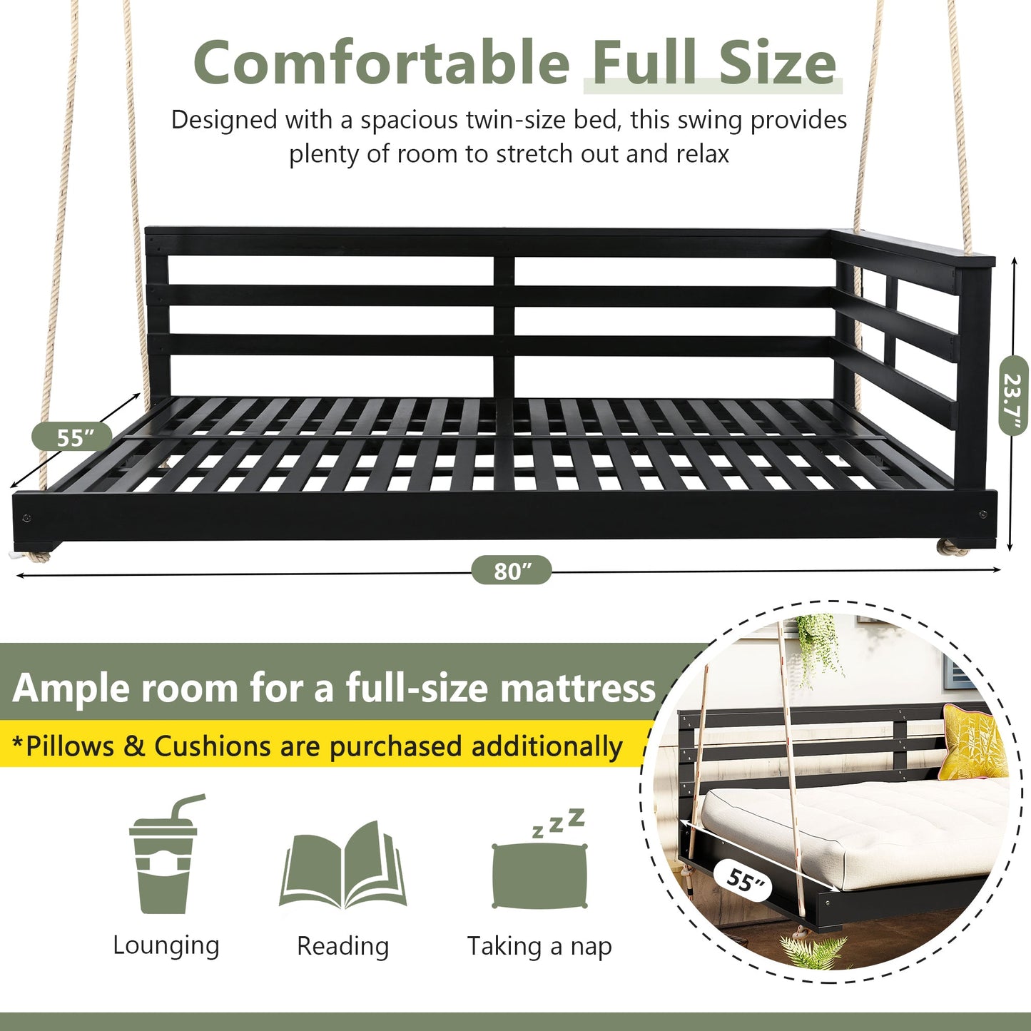Acacia Wood Porch Swing Bed for Outdoor with Hemp Ropes - Full Size