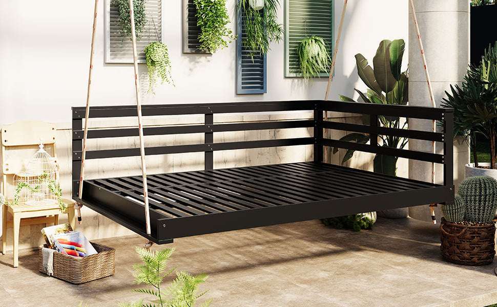 Acacia Wood Porch Swing Bed for Outdoor with Hemp Ropes - Full Size