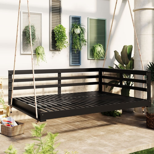 Acacia Wood Porch Swing Bed for Outdoor with Hemp Ropes - Full Size