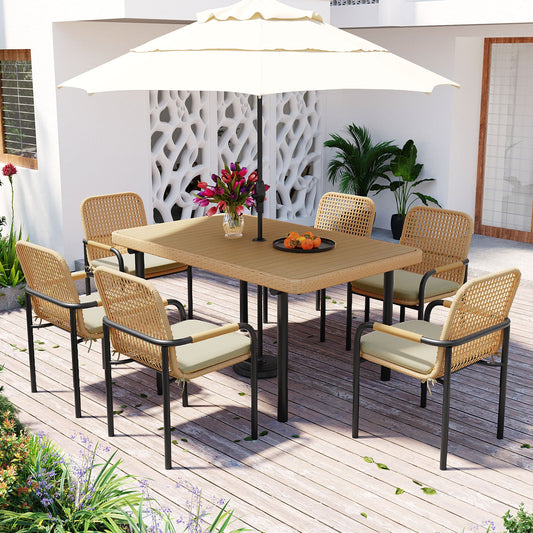 7 Pieces Patio Dining Set, Outdoor Wicker Furniture Set, Plastic-wood